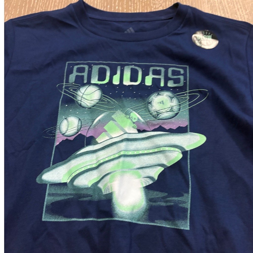 Adidas Girls Medium Graphic T Shirt Blue Space Sports Logo Tee NWT